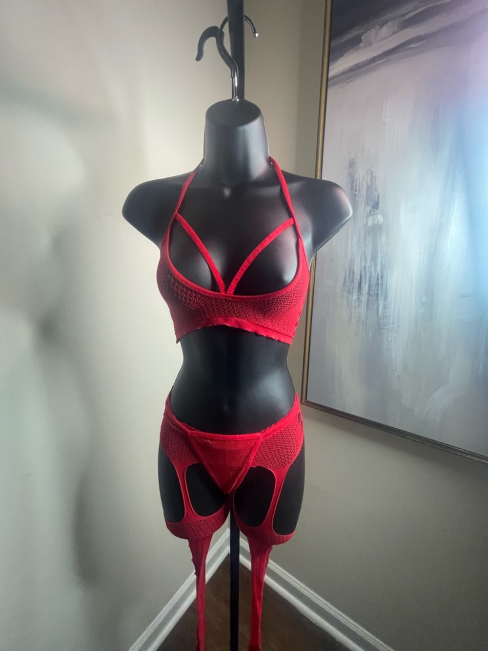 Red Mesh Strappy Lingerie Set with Garter
